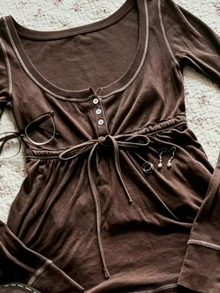 IslaSuriya Atasan Lengan Panjang Vintage Wanita, Musim Gugur/Dingin - Rust Brown - View 3