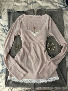 IslaSuriya Kaos Lengan Panjang 2 in 1 Bergaya Minimalis Seksi dengan Renda - Dusty Pink - View 1
