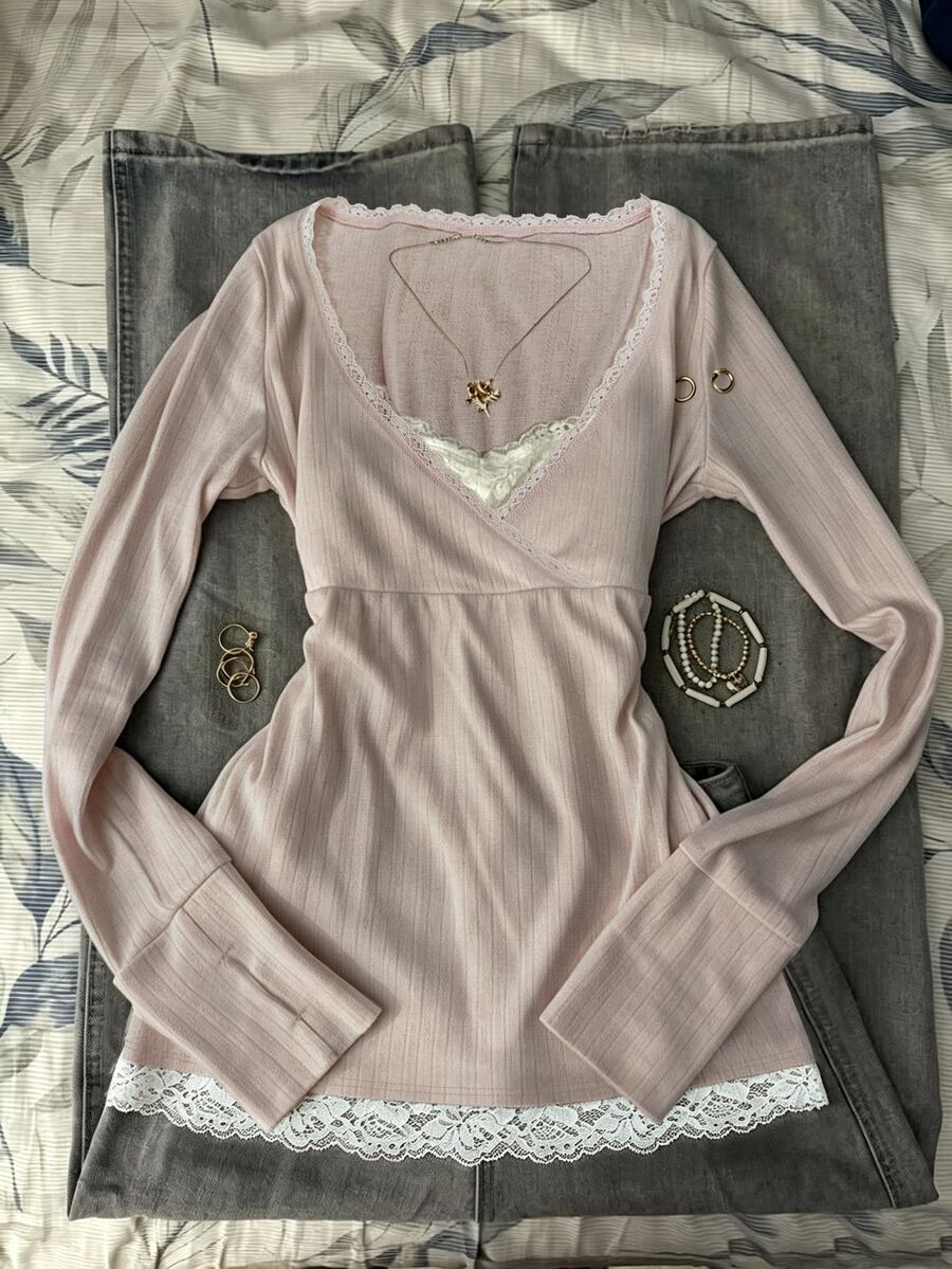 IslaSuriya Kaos Lengan Panjang 2 in 1 Bergaya Minimalis Seksi dengan Renda - Dusty Pink - View 1