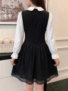 SHEIN 青少年女孩秋季連衣裙 2合1洋裝，翻領泡泡袖配荷葉邊袖口，休閒針織抓皺花卉寬鬆度假風秋裝 - 黑色 - 查看 2
