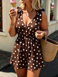 INAWLY Plus Size Fashion Street Polka Dot Print Romper - Brown - View 1