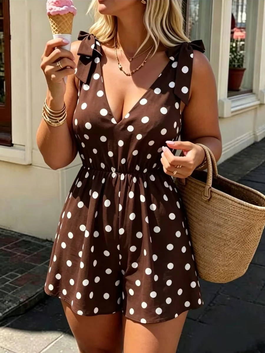 INAWLY Plus Size Fashion Street Polka Dot Print Romper - Brown - View 1