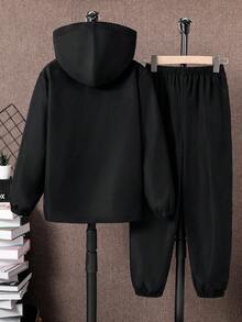 SHEIN 青少年男孩半拉鍊連帽外套與慢跑褲2件套，休閒運動風，適合秋冬、通勤、上學、日常穿著、度假、旅行、運動，四季皆宜，抓絨加厚 - 彩色 - 查看 6