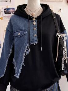 Lalippa Denim Patchwork Embroidery Design Fashion Minimalist Women's Sweatshirt, Gift For Friends - Black - View 3