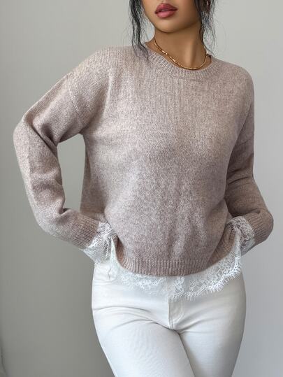 Elenzga Women's Autumn New Single Piece Round Neck Back Cross Lace Trim Patchwork Design Fashion Elegant French Style Daily Versatile Commute Date Knit Pullover Long Sleeve Sweater