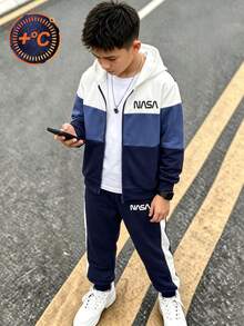 青少年男孩 13-16Y 配色拉鍊連帽外套與慢跑褲 2件套運動服，保暖字母印花秋冬運動休閒套裝，適合學校、日常與街頭穿搭 - 藍白色 - 查看 4
