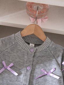 Genkimix Kids Young Girls Autumn Korean Style Minimalist Ribbon Bow Contrast Color Grey Long Sleeve Cardigan With Split Flare Denim Jeans Long Pants Autumn Outfit - Multicolor - View 5