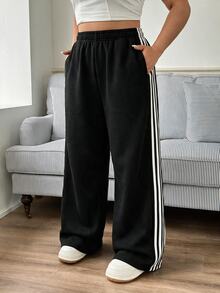SHEIN EZwear 新款大尺碼休閒黑色簡約百搭女款寬腿褲，75%棉 - 黑色 - 查看 5