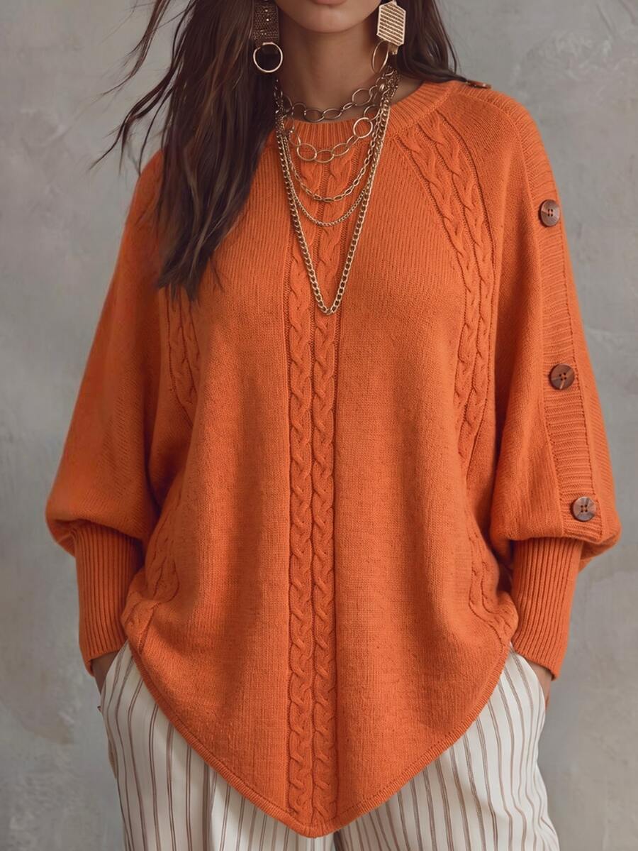 Linhara CURVE Plus Size Women's Solid Color Knit Ribbed Batwing Sleeve Pullover Sweater, Minimalist Casual Style, Suitable For Autumn/Winter Daily Commute, Office, Campus, Romantic Vacation - Orange - View 1