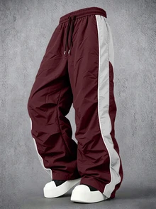 Manfinity Denimwave Men's Colorblock Drawstring Waist Wide Leg Loose Casual Long Pants - Burgundy - View 1