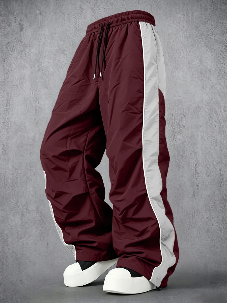 Manfinity Denimwave Men's Colorblock Drawstring Waist Wide Leg Loose Casual Long Pants - Burgundy - View 1