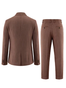 Manfinity Mode Men's Striped Double-Breasted Blazer And Trousers Casual Suit Set, Formal - Coffee Brown - View 2