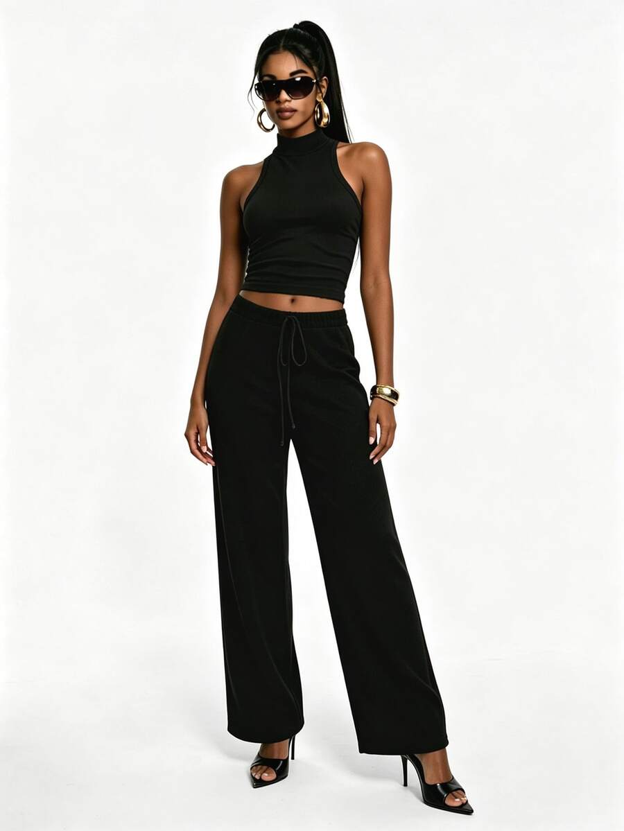 Zyxie Women's Casual 2 Pieces Set With High Neck Tank Top And Elastic Waist Long Pants - Black - View 1