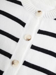 SHEIN Young Girl Knitted Striped Crew Neck Casual Cardigan - Black and White - View 4