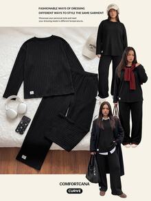 Comfortcana Plus Size Autumn Casual Solid Color Top And Pants 2 Pieces Set - Black - View 11