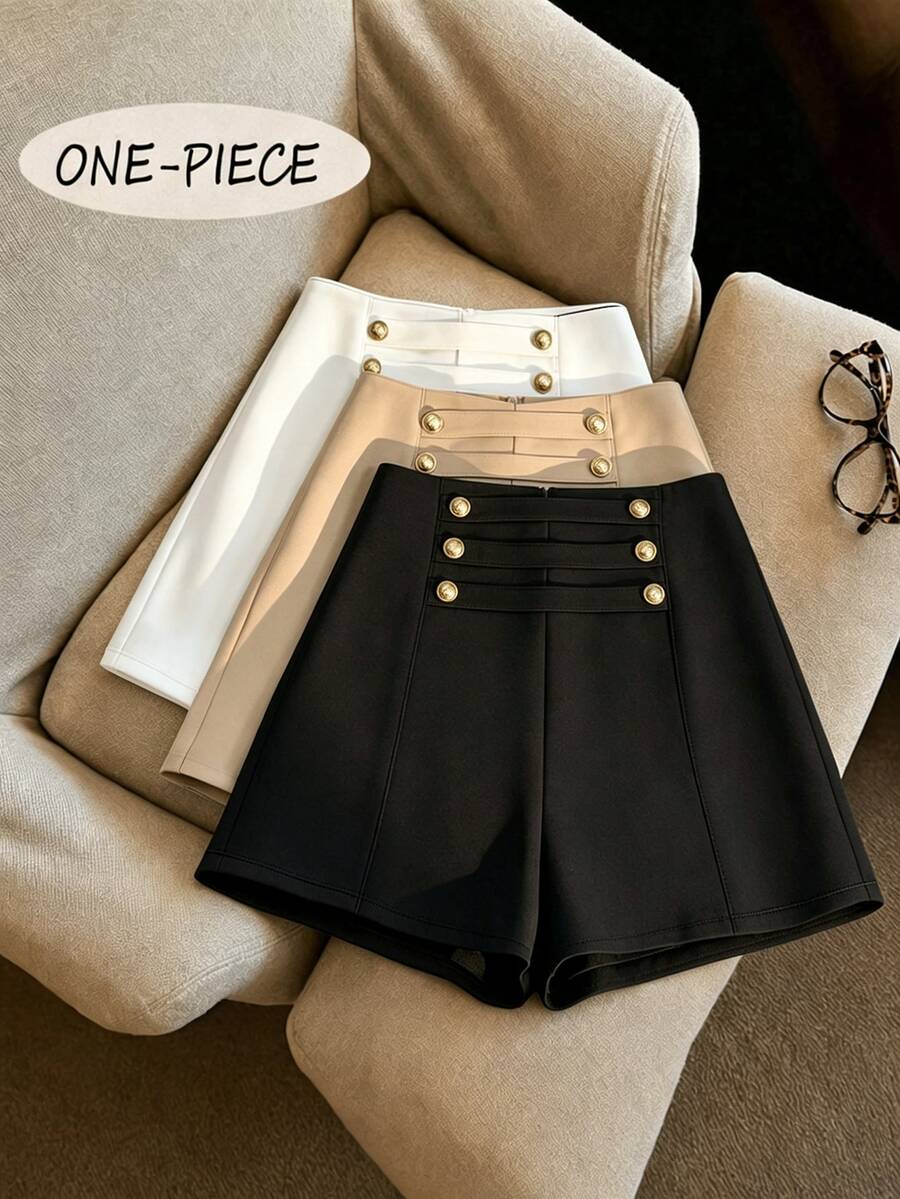 SHEIN Franclia 2026 Lady's Autumn-Winter New Style 3 PiecesPants, High-Waisted Slimming A-Line Black Wide-Leg Shorts With Metal Decorative Buttons, Luxurious And Exq - Black - View 1