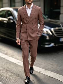 Manfinity Mode Men's Striped Double-Breasted Blazer And Trousers Casual Suit Set, Formal - Coffee Brown - View 1