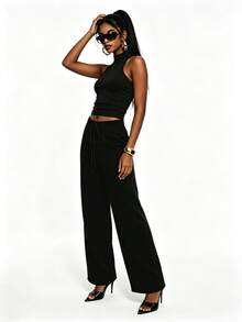 Zyxie Women's Casual 2 Pieces Set With High Neck Tank Top And Elastic Waist Long Pants - Black - View 4