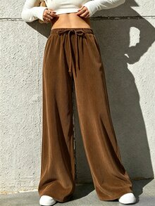 SHEIN EZwear 秋季燈芯絨面料休閒女款長褲 - 棕色 - 查看 3