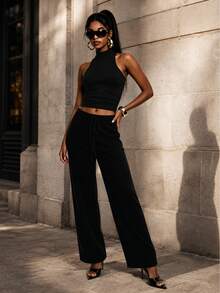 Zyxie Women's Casual 2 Pieces Set With High Neck Tank Top And Elastic Waist Long Pants - Black - View 3