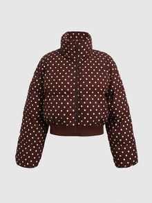 SHEIN Tween Girls Brown Polka Dot Oversized Cropped Stand Collar Puffer Padded Winter Coat - Brown - View 3
