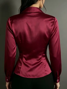 Glimmora Sexy Hot Girl Single-Breasted Ruched Satin Blouse Top - Burgundy - View 3