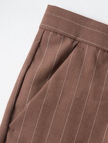 Manfinity Mode Men's Striped Double-Breasted Blazer And Trousers Casual Suit Set, Formal - Coffee Brown - View 5