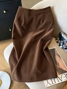 SHEINBlues 女款燈芯絨面料前開衩鈕扣裝飾A字直筒裙，優雅70年代辦公約會秋季服飾，感恩節，咖啡棕色 - 棕色 - 查看 2
