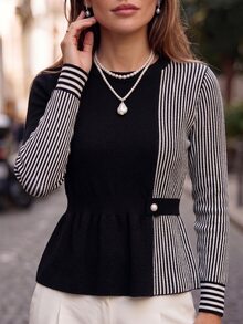 GlowEve CURVE Plus Size Women's Patchwork Striped Long Sleeve Casual Pullover Sweater Winter - Black - View 5