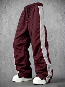Manfinity Denimwave Men's Colorblock Drawstring Waist Wide Leg Loose Casual Long Pants - Burgundy - View 3