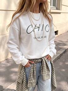 Cévolie Ins Minimalist Streetwear Casual Letter Green And White Sweatshirt, Loose Lazy Flattering Basic Commuter Long Sleeve Top Travel Autumn Winter - White - View 5