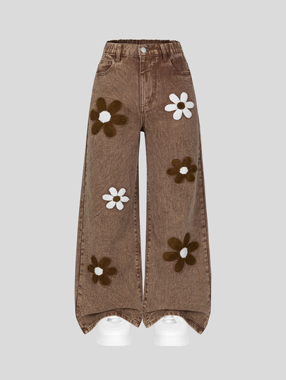 SHEIN Tween Girls' Vintage Brown Washed Loose Wide Leg Denim Jeans With 3D Towel Embroidery Daisy Flower, Elastic Waistband Casual Versatile Y2K Harajuku Street Style All-Season Campus Bottoms Suitable For Daily, Outdoor, Street, Campus Wear