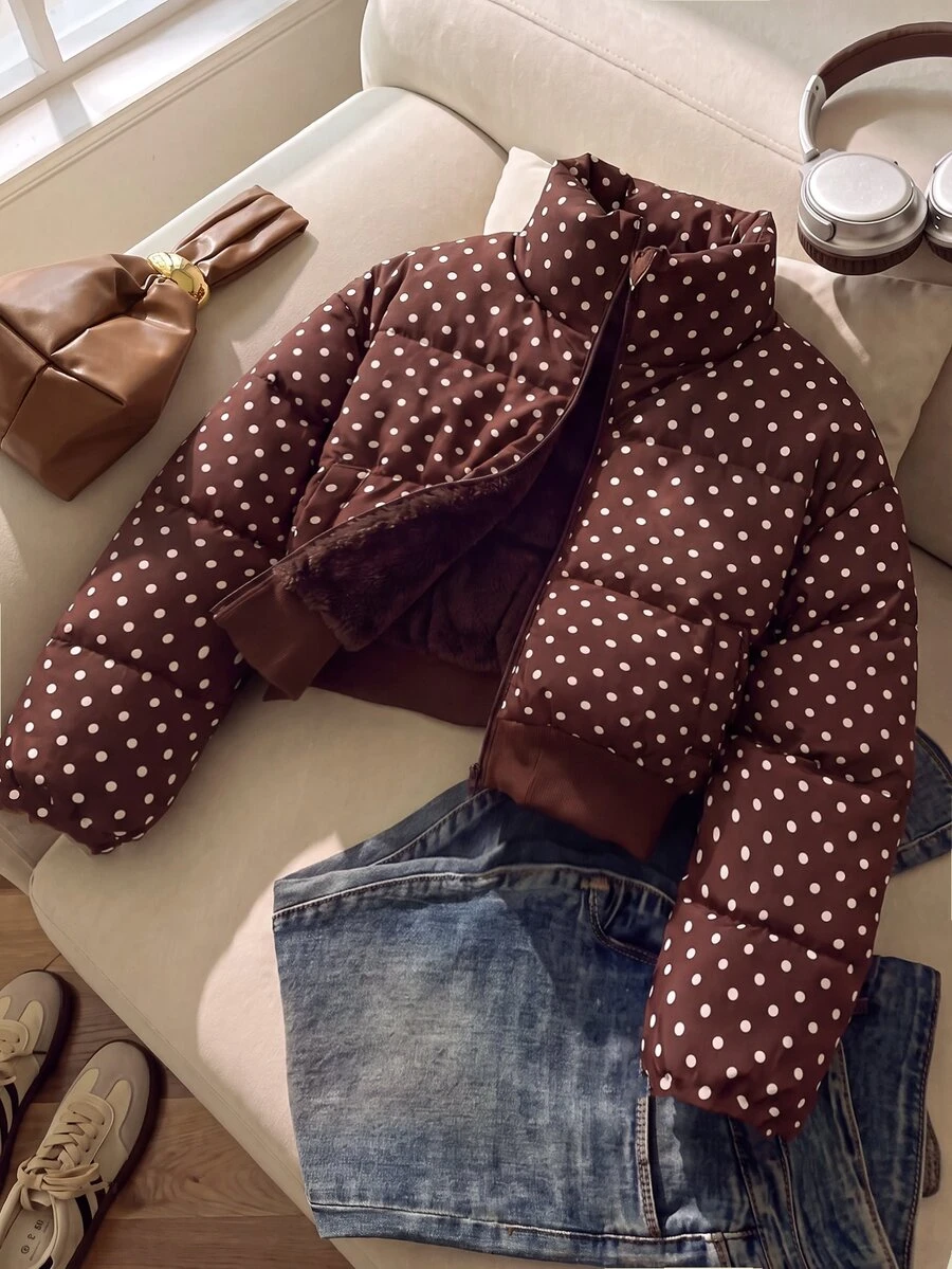 SHEIN 青少年女孩棕色波點寬鬆短版立領羽絨填充冬季外套 - 棕色 - 查看 1