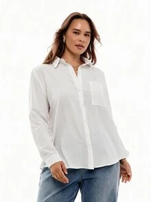 Solavibe 100%純棉大尺碼女款休閒長袖鈕扣領襯衫 - 白色 - 查看 4
