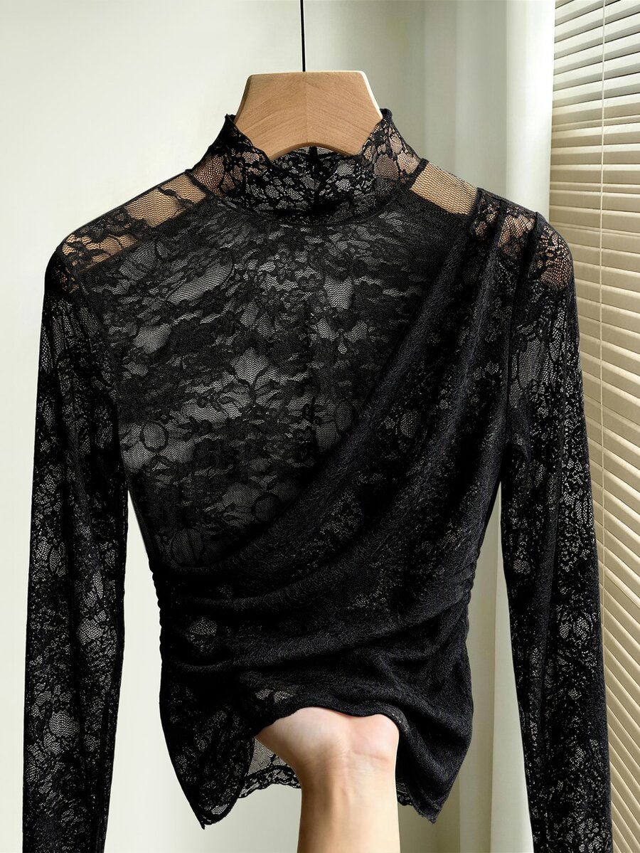 GlowEve CURVE Plus Size Women's Elegant Sheer Elastic Lace Layering Base Long Sleeve Fitted Black Top Fall - Black - View 1
