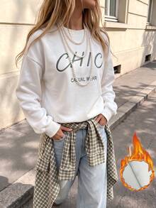 Cévolie Ins Minimalist Streetwear Casual Letter Green And White Sweatshirt, Loose Lazy Flattering Basic Commuter Long Sleeve Top Travel Autumn Winter - White - View 6