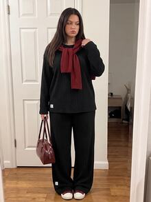 Comfortcana Plus Size Autumn Casual Solid Color Top And Pants 2 Pieces Set - Black - View 8