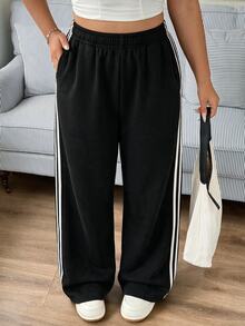 SHEIN EZwear 新款大尺碼休閒黑色簡約百搭女款寬腿褲，75%棉 - 黑色 - 查看 2
