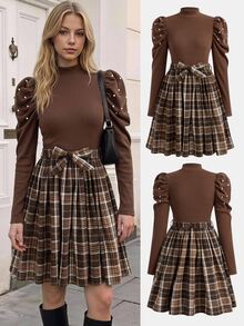 SHEIN Teen Girl Plaid Puff Sleeve A-Line Long Sleeve Fall Dress, Brown Cream Elastic Waist Daily Dresses, Brown Skirt, Brown Dress, Fall Outfits, Cute - Coffee Brown - View 1