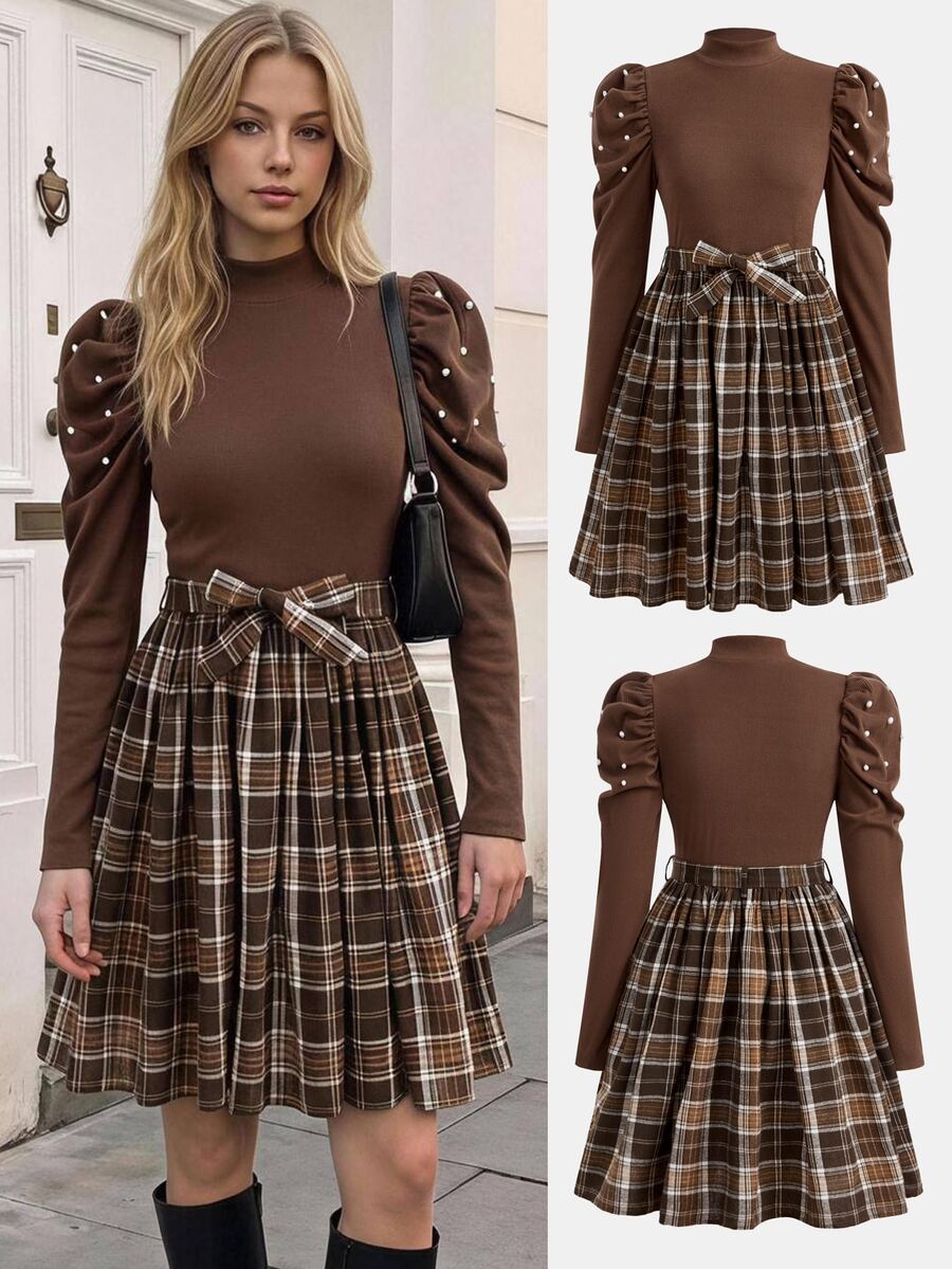 SHEIN Teen Girl Plaid Puff Sleeve A-Line Long Sleeve Fall Dress, Brown Cream Elastic Waist Daily Dresses, Brown Skirt, Brown Dress, Fall Outfits, Cute - Coffee Brown - View 1