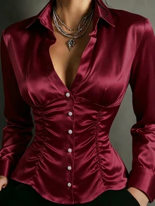 Glimmora Sexy Hot Girl Single-Breasted Ruched Satin Blouse Top - Burgundy - View 2