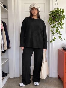 Comfortcana Plus Size Autumn Casual Solid Color Top And Pants 2 Pieces Set - Black - View 10