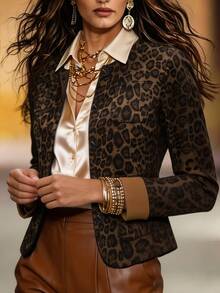 Linhara CURVE Plus Size Women's Leopard Print Casual Versatile Daily Wear Long Sleeve Jacket - Brown - View 4