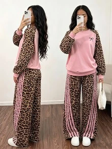 SHEIN Sparklyn 青少年女孩秋季套裝 粉色豹紋拼接色塊插肩袖圓領運動衫與側條紋寬腿運動長褲 2件套 - 彩色 - 查看 1