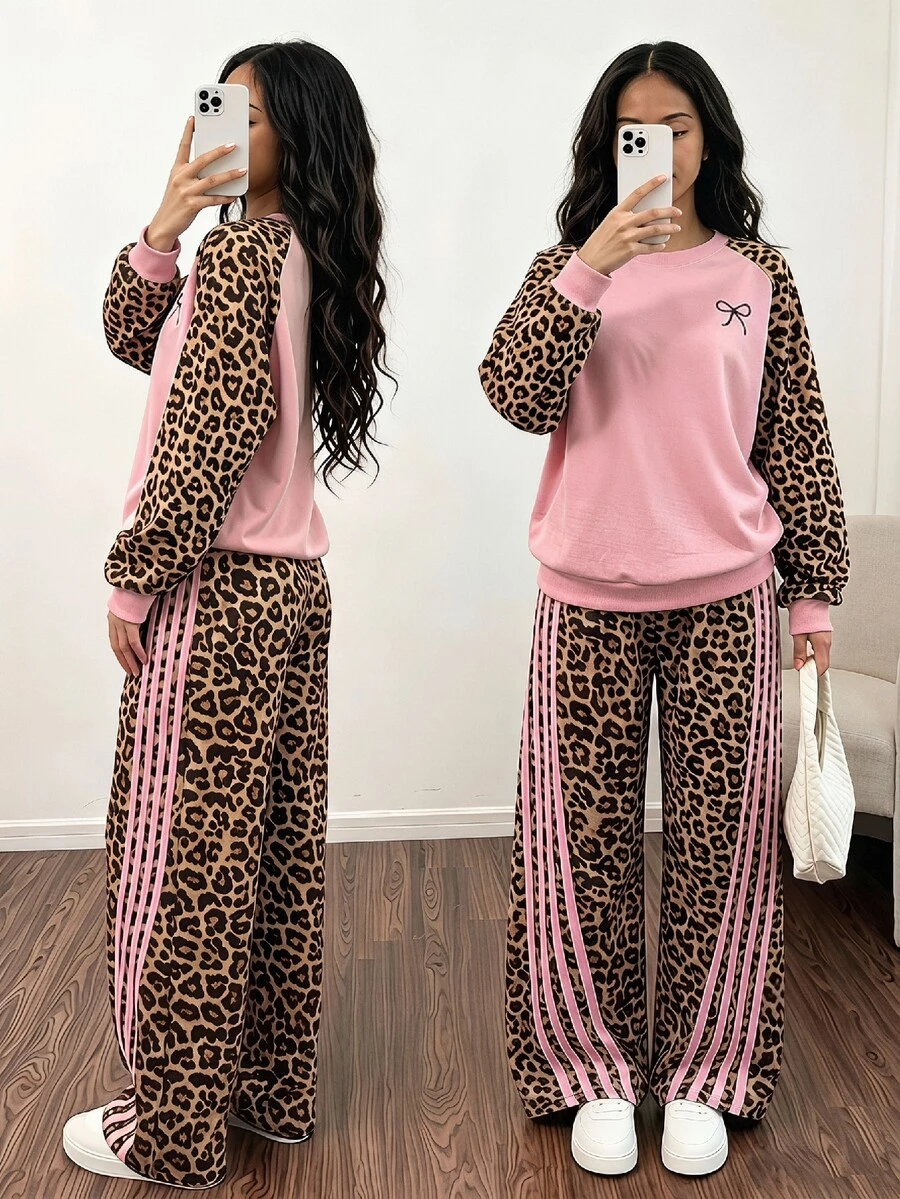 SHEIN Sparklyn 青少年女孩秋季套裝 粉色豹紋拼接色塊插肩袖圓領運動衫與側條紋寬腿運動長褲 2件套 - 彩色 - 查看 1