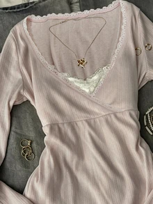 IslaSuriya Kaos Lengan Panjang 2 in 1 Bergaya Minimalis Seksi dengan Renda - Dusty Pink - View 3