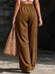 SHEIN EZwear 秋季燈芯絨面料休閒女款長褲 - 棕色 - 查看 2