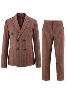 Manfinity Mode Men's Striped Double-Breasted Blazer And Trousers Casual Suit Set, Formal - Coffee Brown - View 4