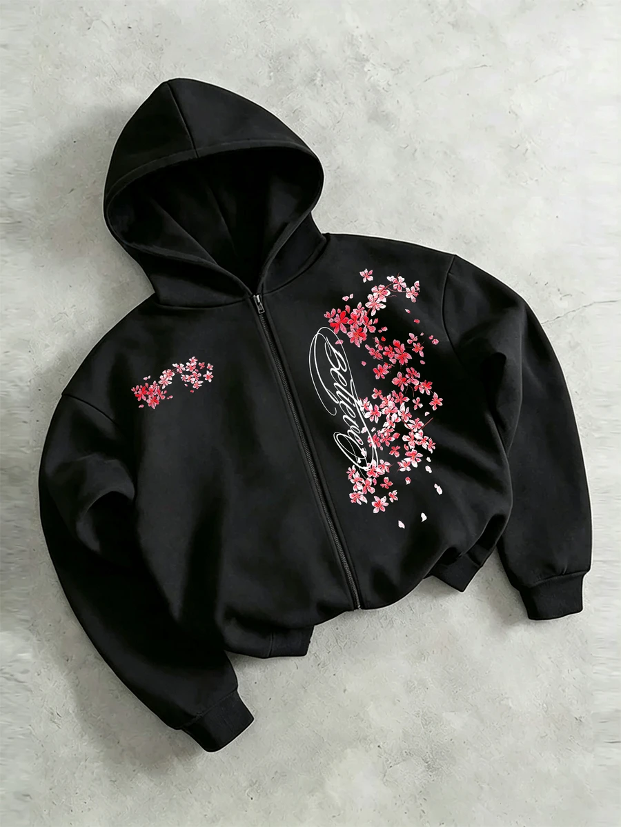 GymRaken Men's Floral Print Zip-Up Hooded Sports Jacket - Black - View 1