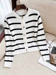SHEIN Young Girl Knitted Striped Crew Neck Casual Cardigan - Black and White - View 1
